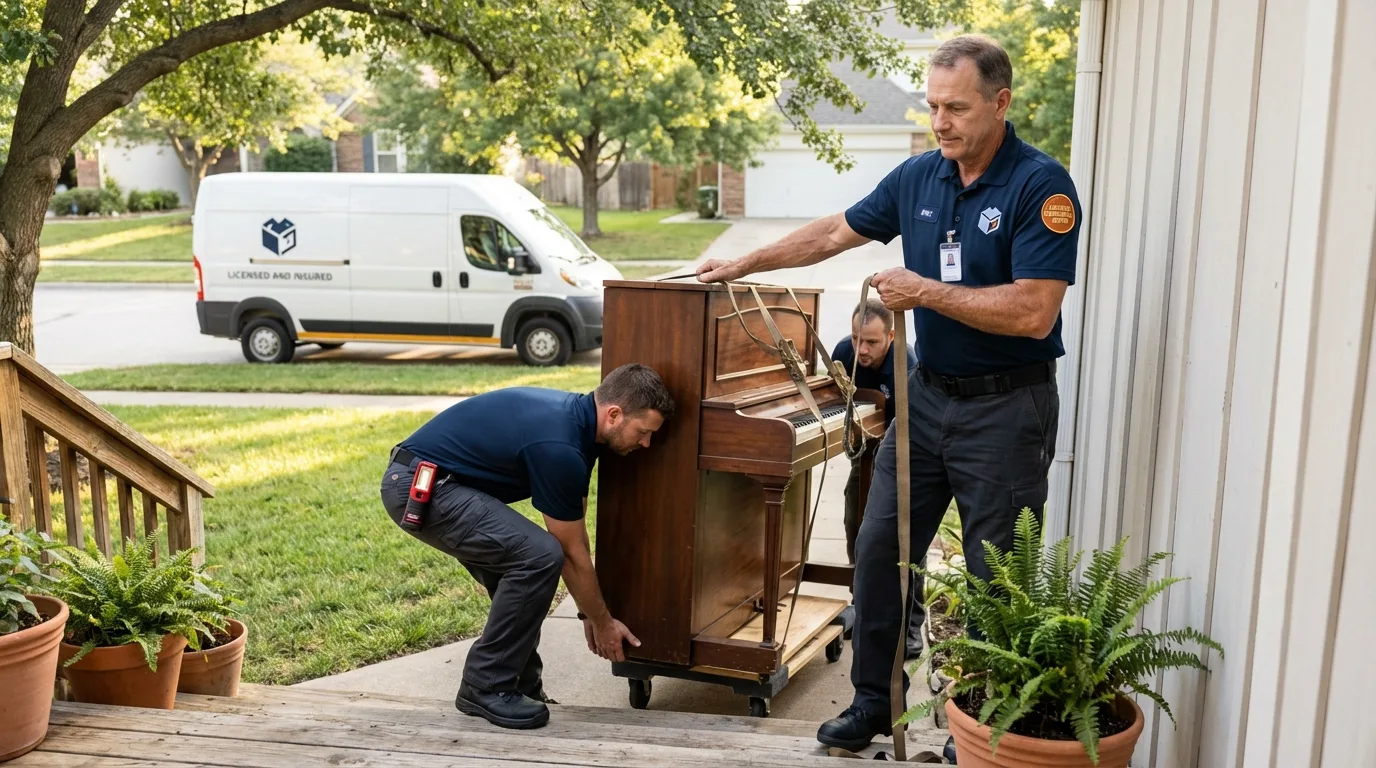 Licensed piano movers securing grand piano in Danbury, NC
