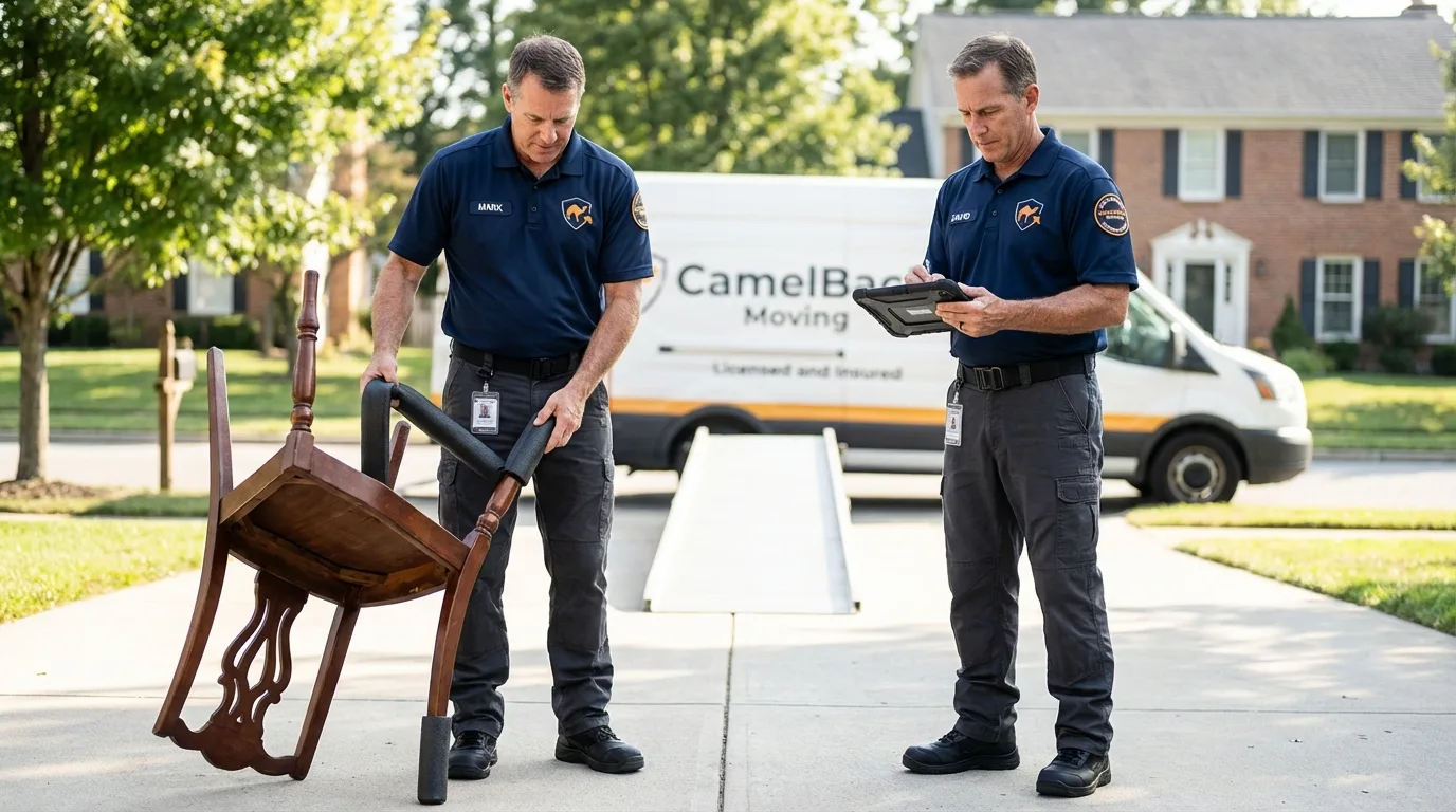 Movers inspecting furniture for damage prevention before loading in Danbury, NC
