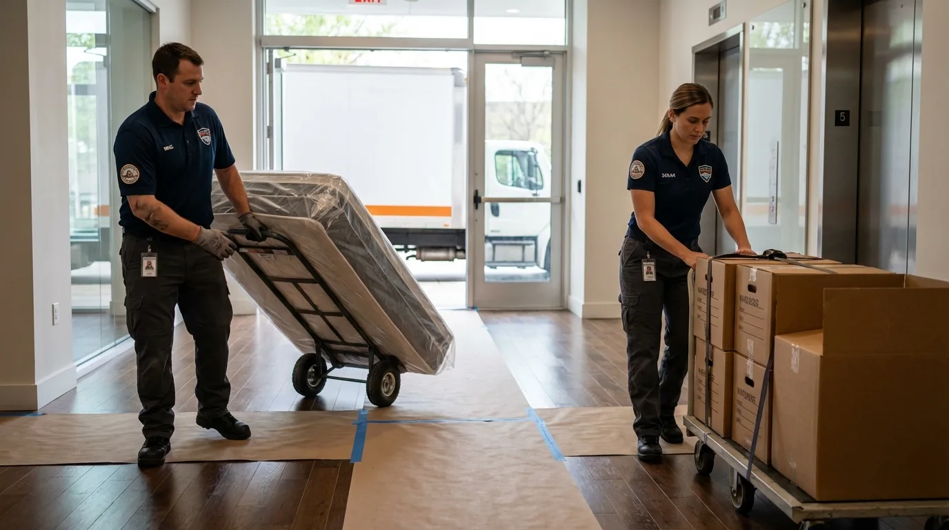 Professional apartment movers loading elevator in Danbury, NC