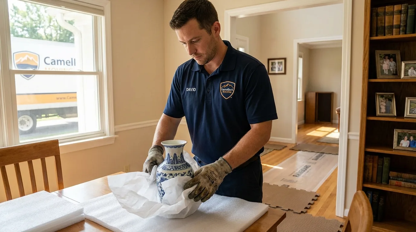 Professional crew carefully wrapping antique vase for senior downsizing move in Danbury, NC